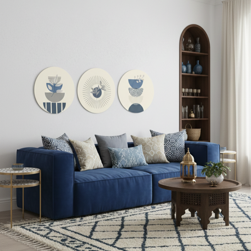 Ensemble de 3 tableaux muraux ronds dans des tons bleu marine, gris et beige