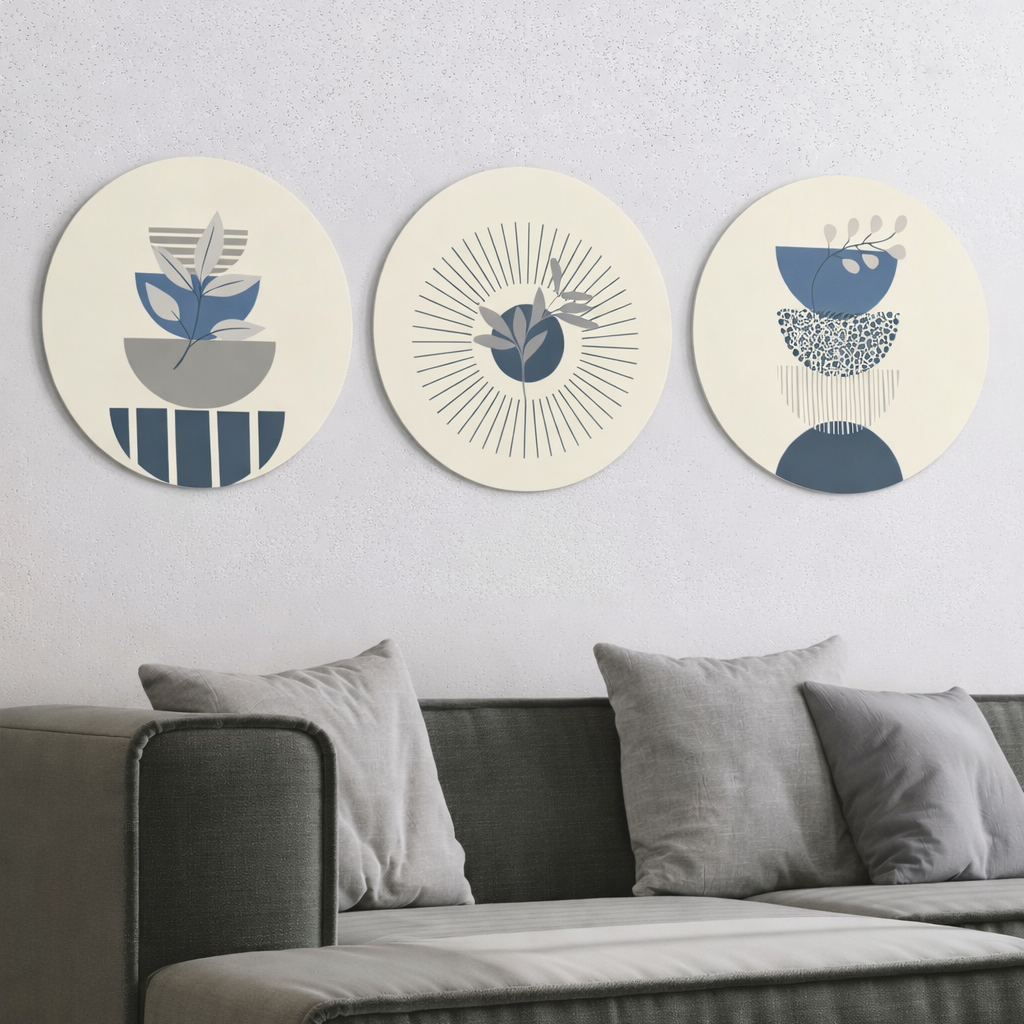 Ensemble de 3 tableaux muraux ronds dans des tons bleu marine, gris et beige
