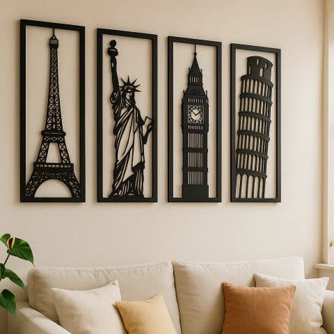 Décoration murale en bois représentant des monuments du monde entier