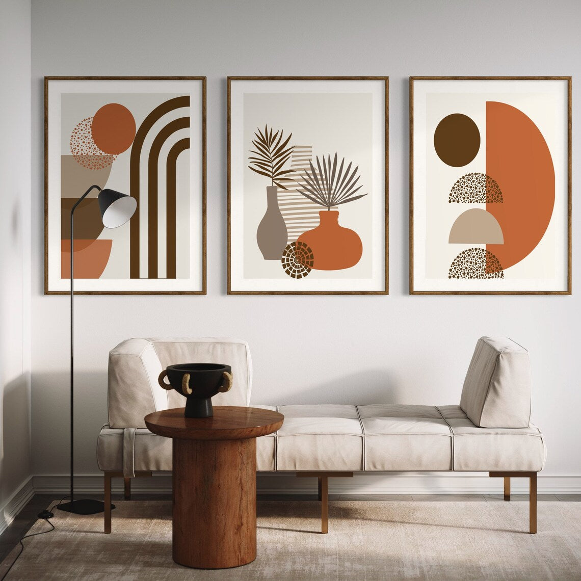 Triptyque Bohème aux tons terracotta, beige et marron
