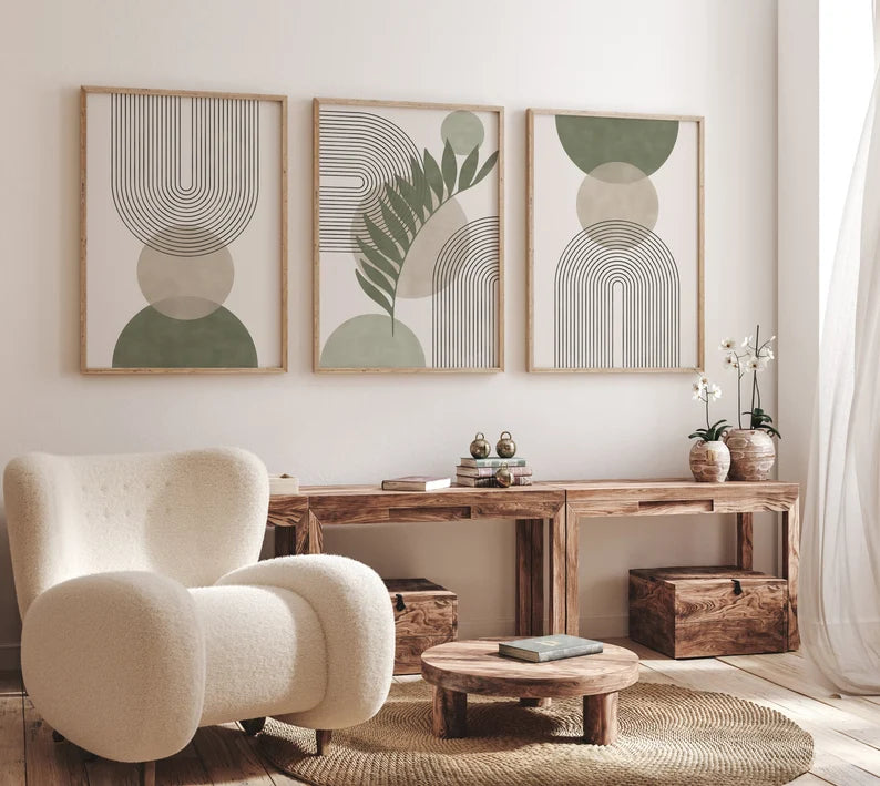 Triptyque décoration aux tons vert sauge et beige