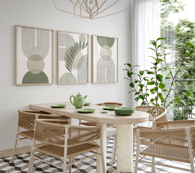 Triptyque décoration aux tons vert sauge et beige