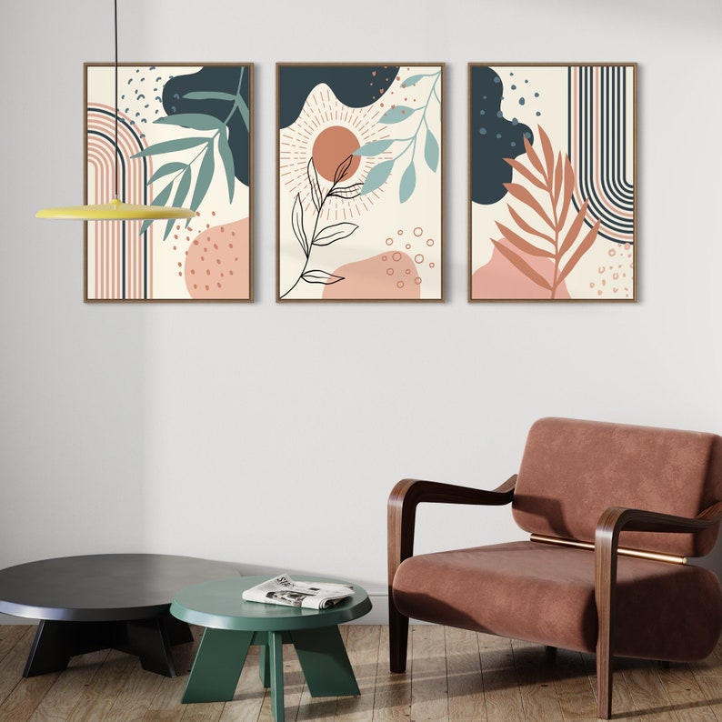 Ensemble de 3 Tableaux abstraits dans des tons de bleu canard, terracotta, rose et beige
