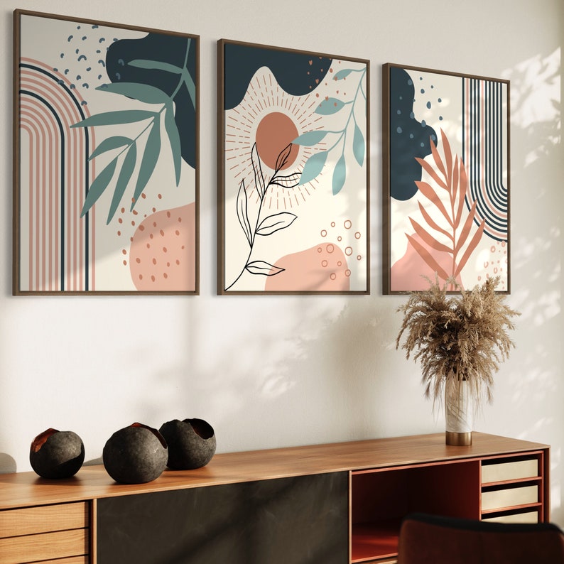 Ensemble de 3 Tableaux abstraits dans des tons de bleu canard, terracotta, rose et beige
