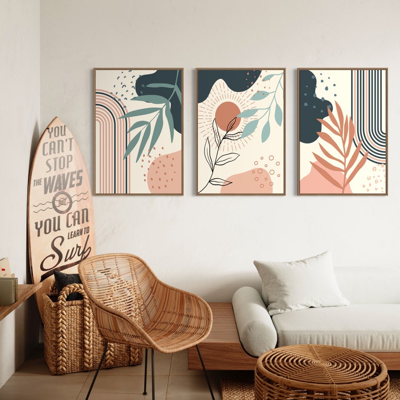 Ensemble de 3 Tableaux abstraits dans des tons de bleu canard, terracotta, rose et beige