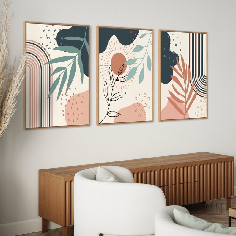 Ensemble de 3 Tableaux abstraits dans des tons de bleu canard, terracotta, rose et beige