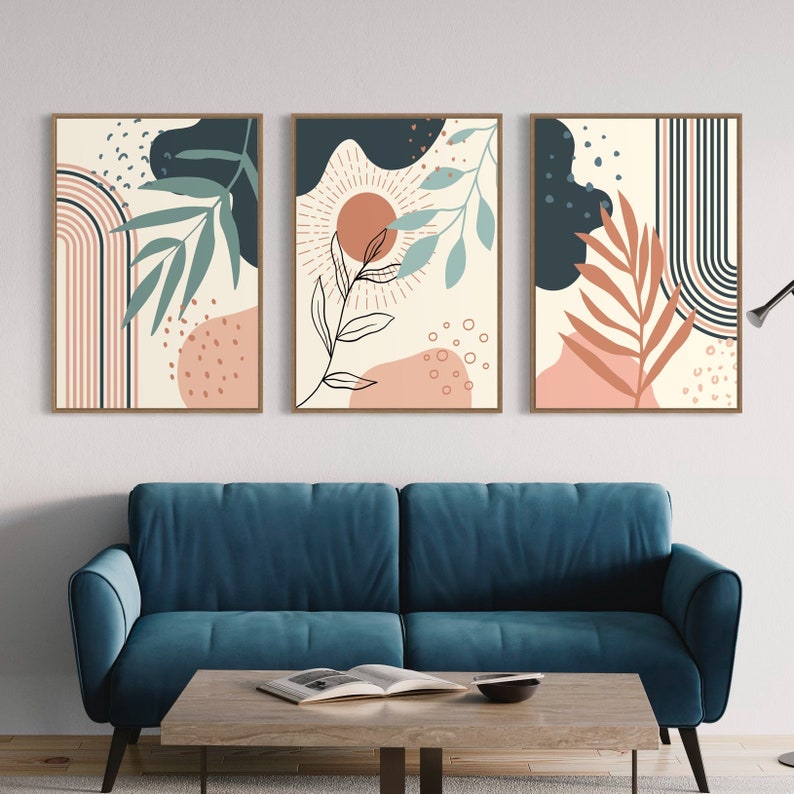 Ensemble de 3 Tableaux abstraits dans des tons de bleu canard, terracotta, rose et beige