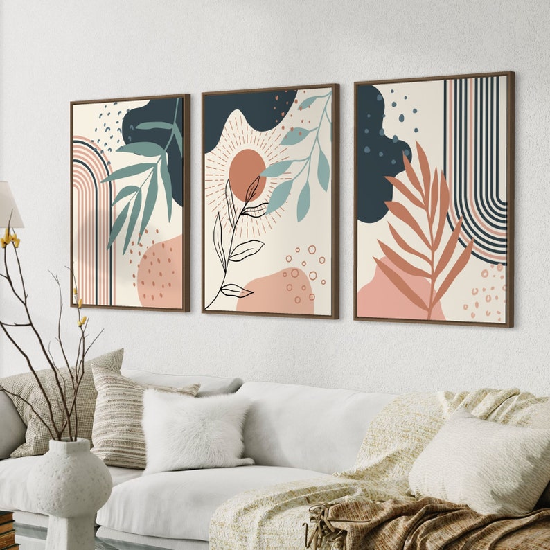 Ensemble de 3 Tableaux abstraits dans des tons de bleu canard, terracotta, rose et beige
