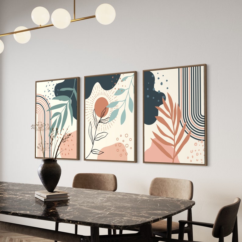 Ensemble de 3 Tableaux abstraits dans des tons de bleu canard, terracotta, rose et beige