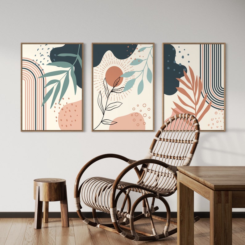Ensemble de 3 Tableaux abstraits dans des tons de bleu canard, terracotta, rose et beige