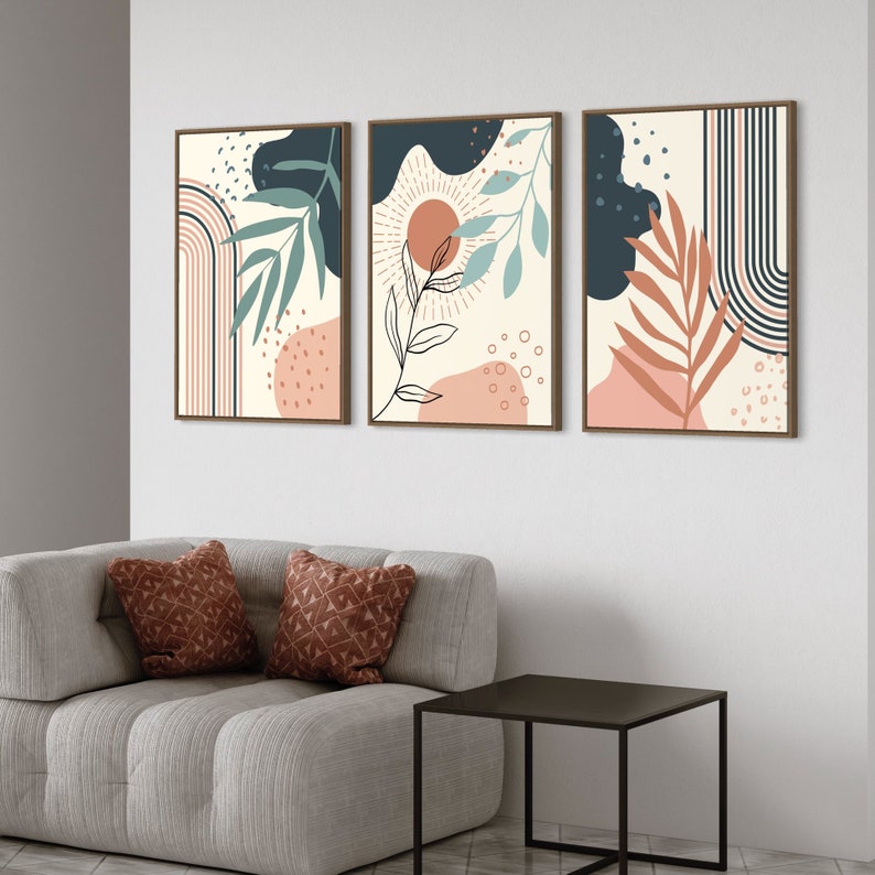 Ensemble de 3 Tableaux abstraits dans des tons de bleu canard, terracotta, rose et beige