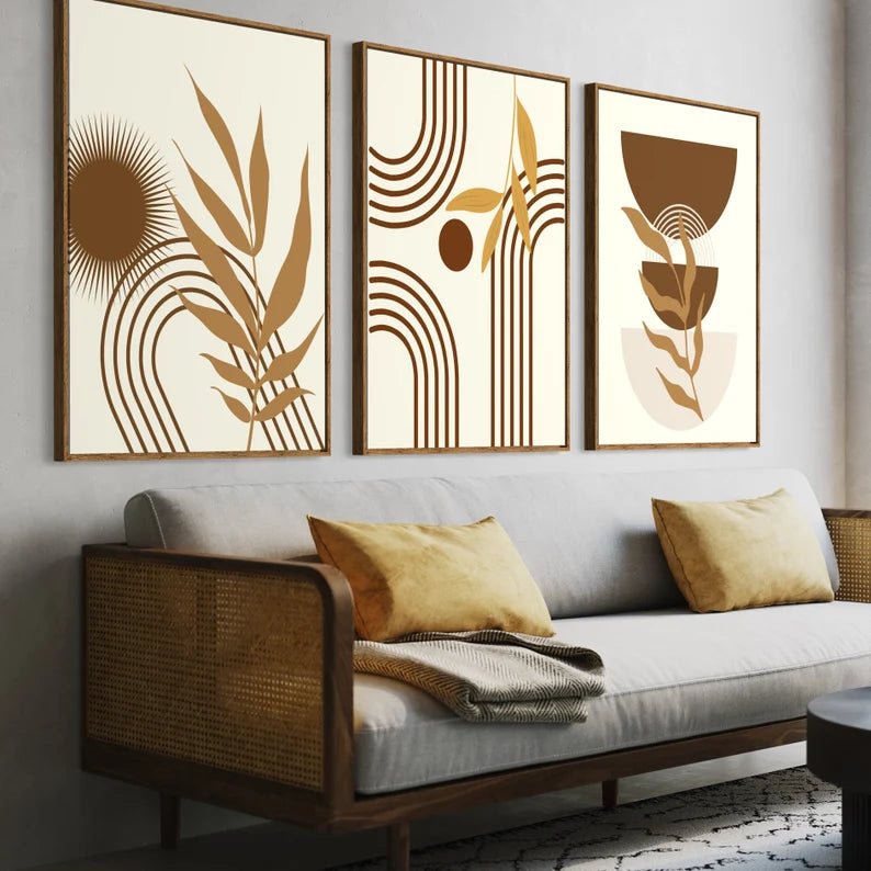 Triptyque d'art bohème moderne dans des tons de brun, de moutarde et de crème