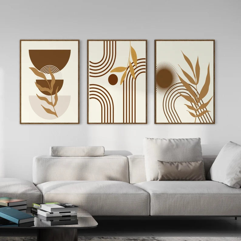 Triptyque d'art bohème moderne dans des tons de brun, de moutarde et de crème