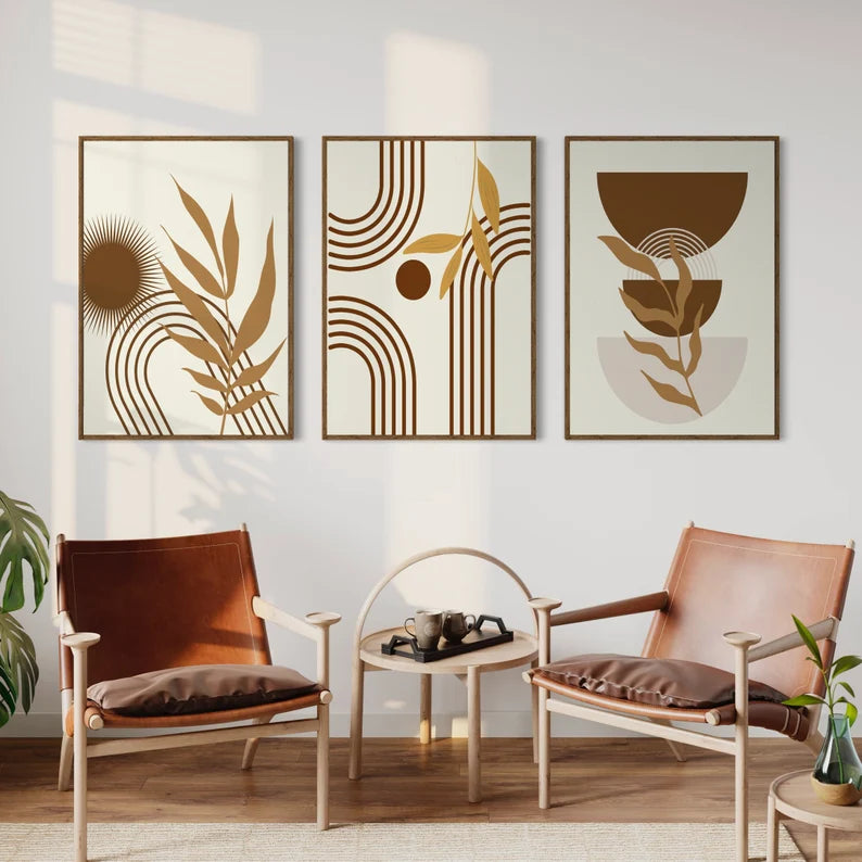 Triptyque d'art bohème moderne dans des tons de brun, de moutarde et de crème