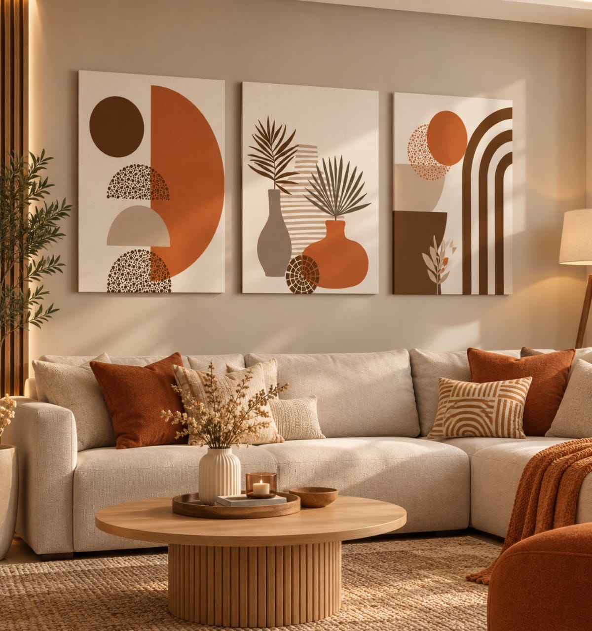 Set de 3 Tableaux Bohèmes avec des motifs géométriques et des vases botaniques dans des tons terracotta, beige et marron