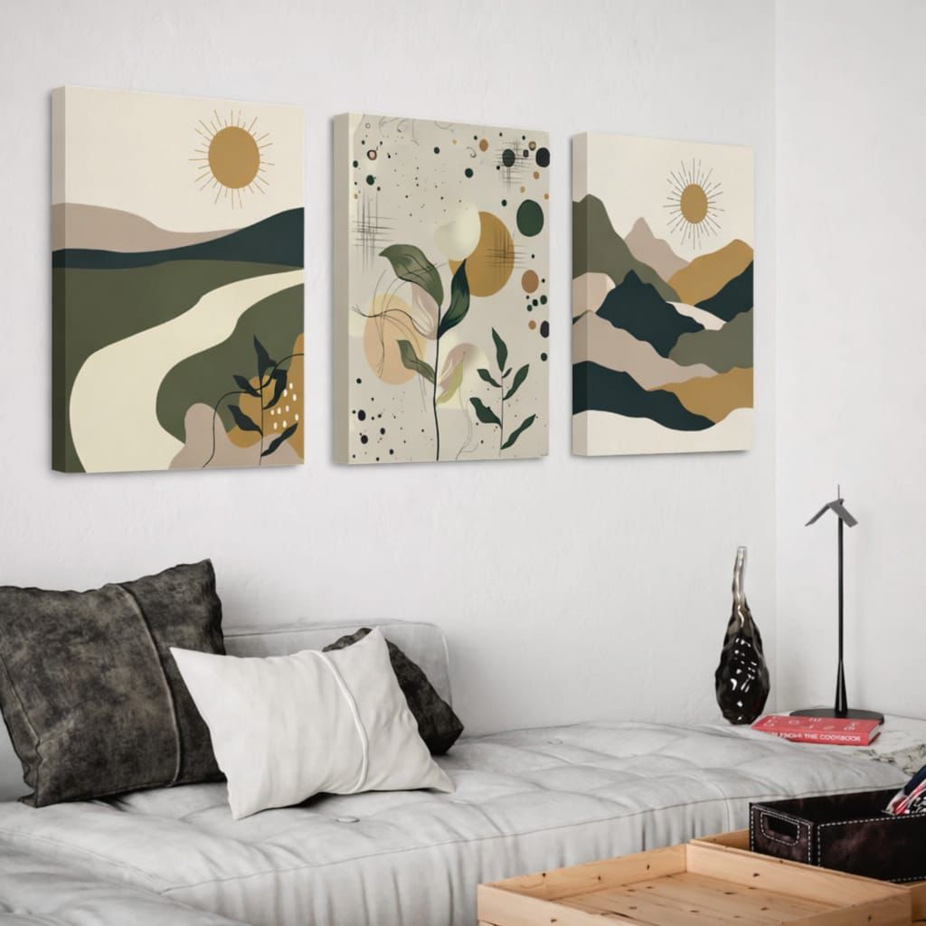 Set de 3 Tableaux Décoratifs bohème/nordique aux tons vert sauge, beige et ocre