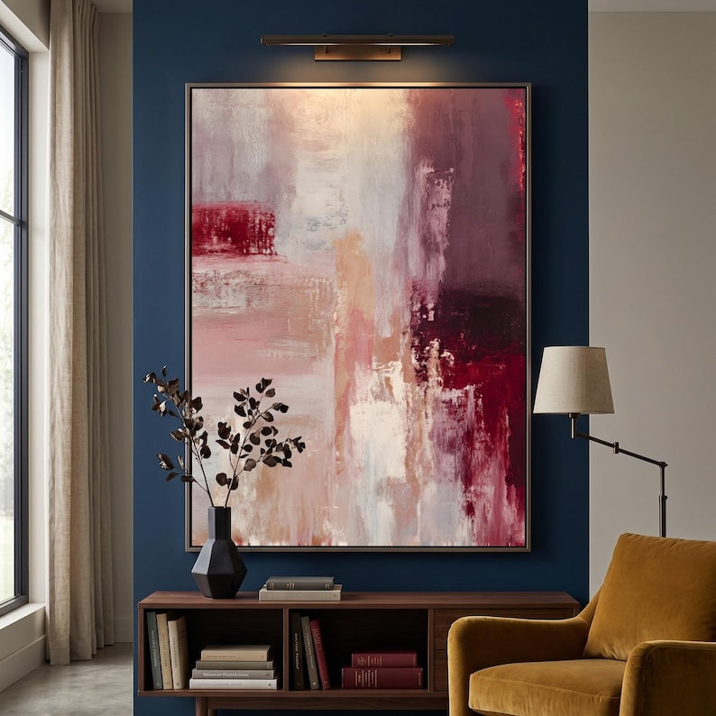 Tableau abstrait bordeaux et beige, impression texturée rouge vin profond