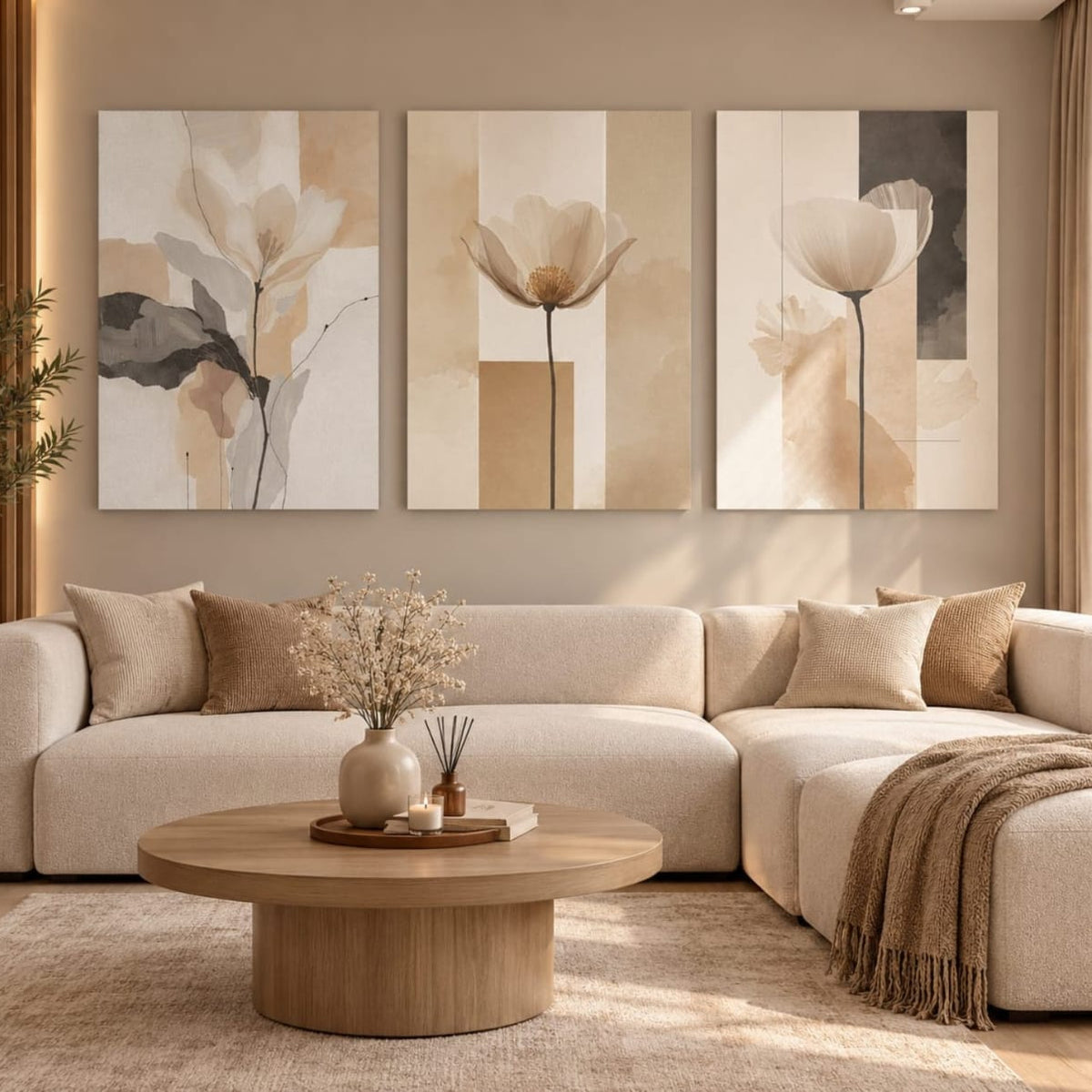 Set de 3 Tableaux Décoratifs abstraits et floraux aux tons neutres, beiges et bruns