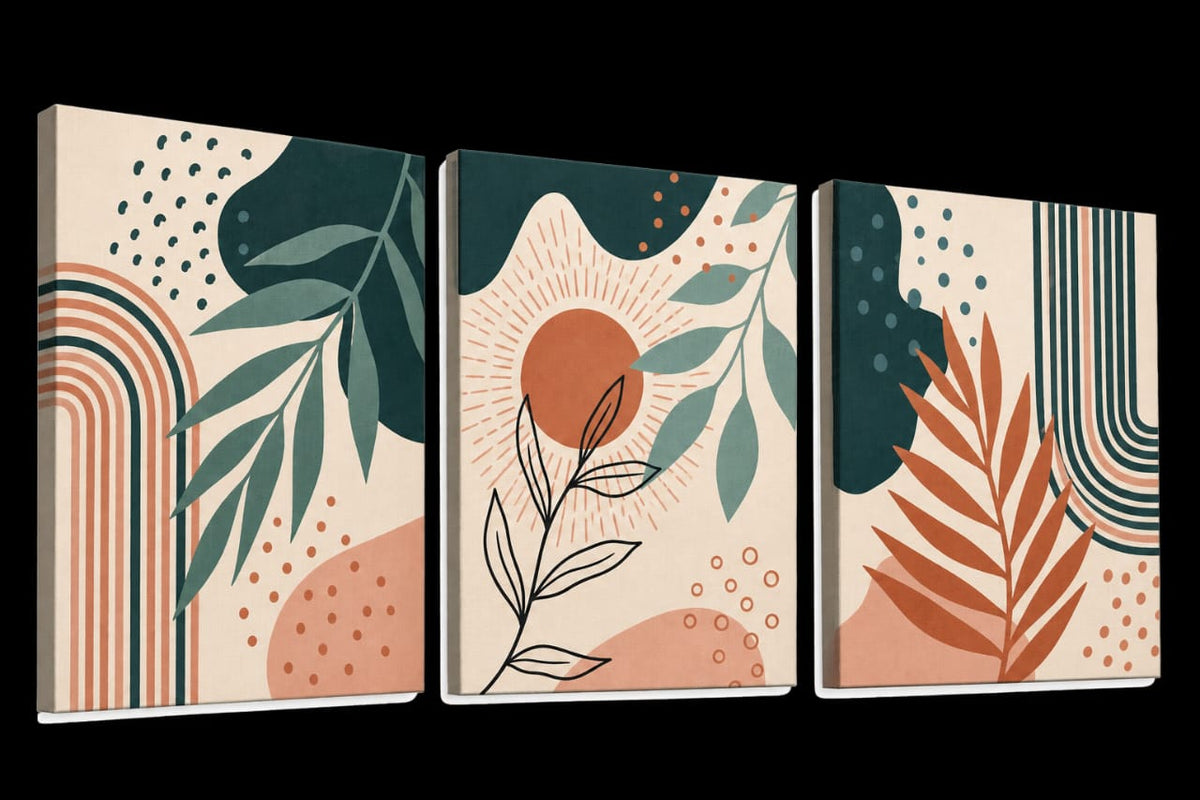 Set de 3 Tableaux Décoratifs apporte une ambiance chaleureuse et artistique grâce à sa palette de couleurs terracotta, rose poudré et bleu canard