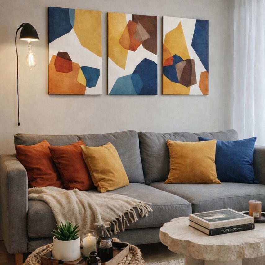 Set de 3 Tableaux Décoratifs aux tons chauds et froids couleurs bleu profond, ocre, ambre, rouille et blanc