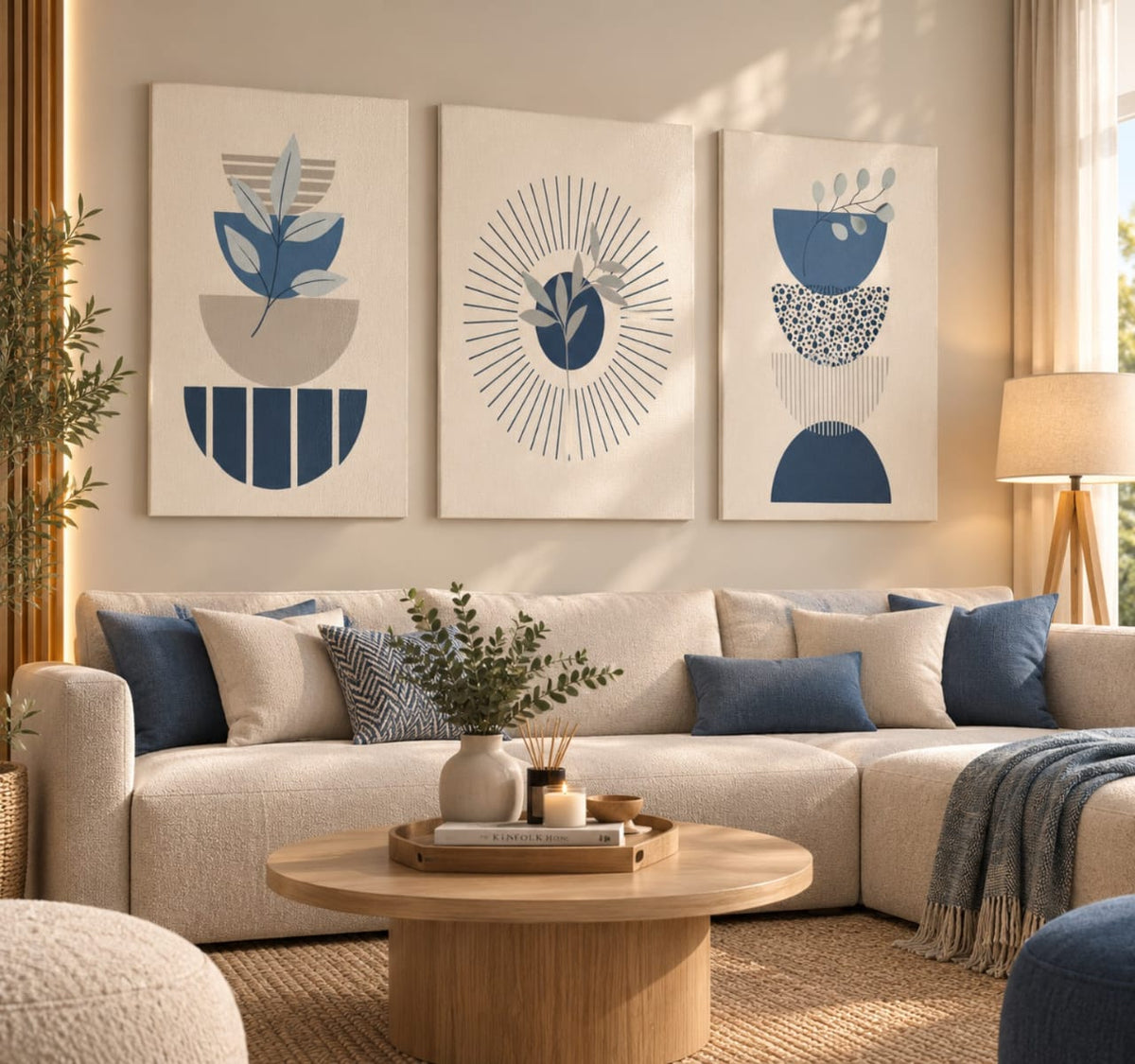 Set de 3TableauxDécoratifs de style bohème moderne (boho) aux motifs géométriques et botaniques en tons bleu marine, beige et écru