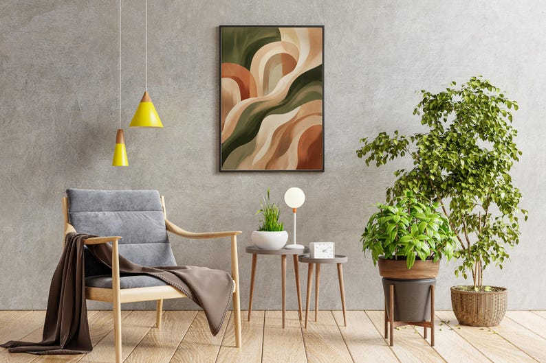 Tableau Vert Olive Sauge neutre, terre cuite abstrait, tons terreux