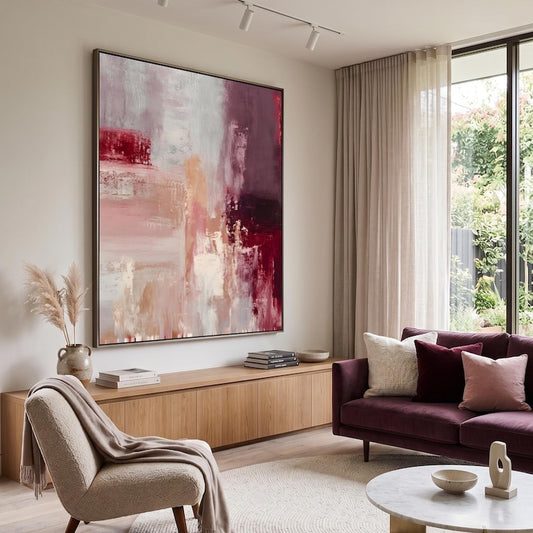 Tableau abstrait bordeaux et beige, impression texturée rouge vin profond