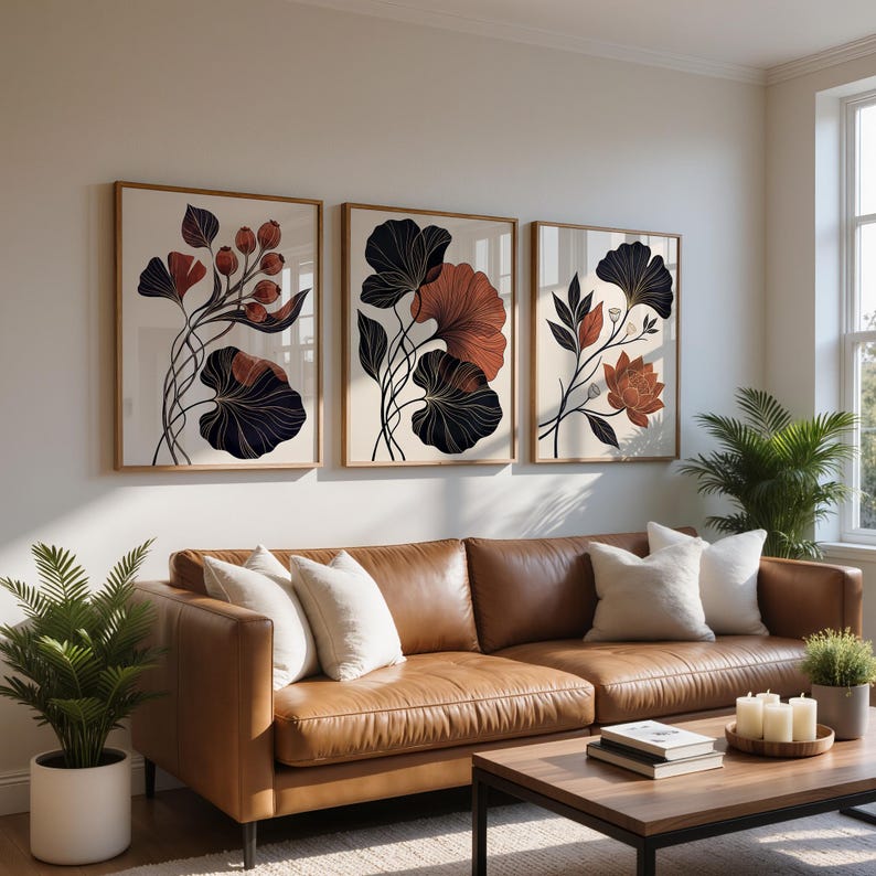 Set de 3 Tableaux Décoratifs dans des tons terracotta, noir et beige
