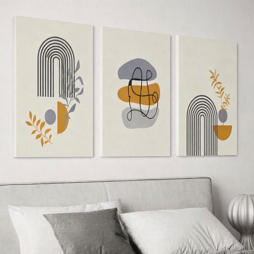 Set de 3 Tableaux décoratifs en lignes d'arcs, feuillages stylisés, formes rondes aux tons ocres, gris et noir sur fond crème