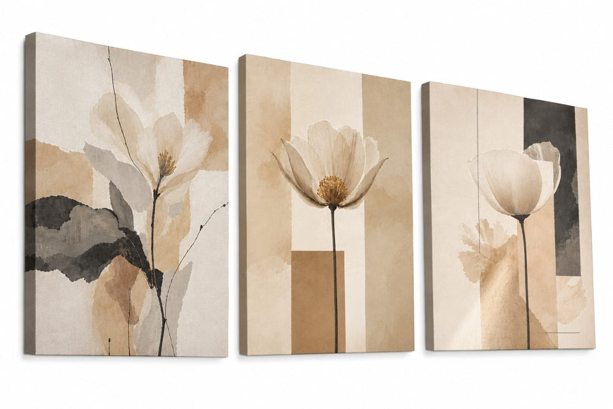 Set de 3 Tableaux Décoratifs abstraits et floraux aux tons neutres, beiges et bruns