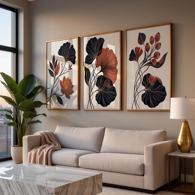 Set de 3 Tableaux Décoratifs dans des tons terracotta, noir et beige