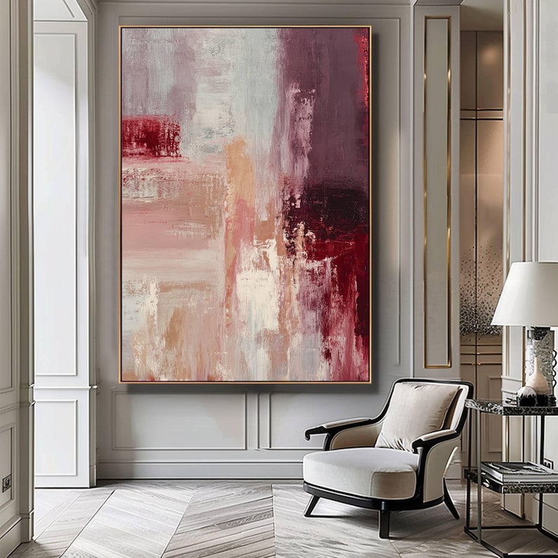 Tableau abstrait bordeaux et beige, impression texturée rouge vin profond