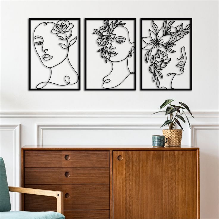 Décoration d'Intérieur en Bois 3 Pieces Flowers Women Dimensions 120 cm x 60 cm
