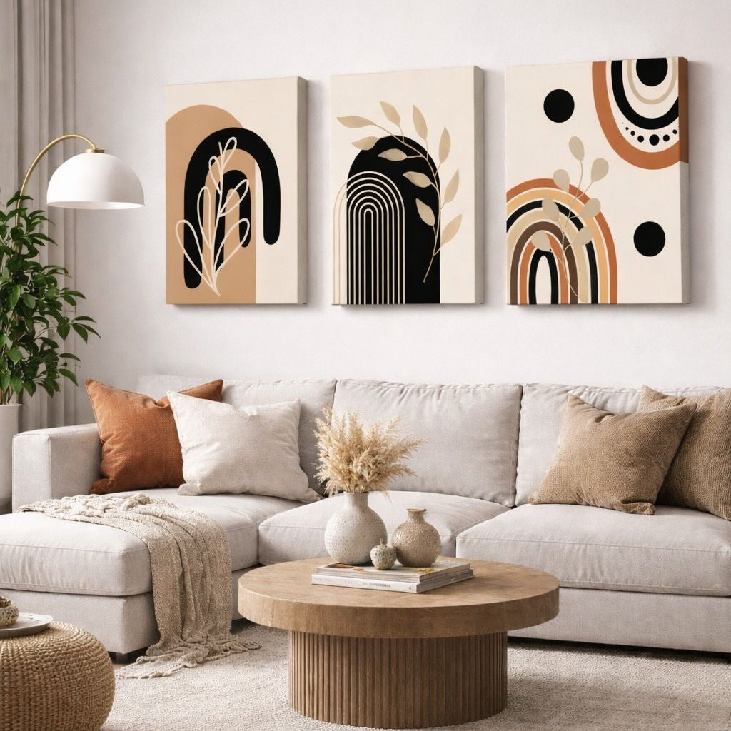 Set de 3 Tableaux Bohème en beige, noir, ocre et terracotta