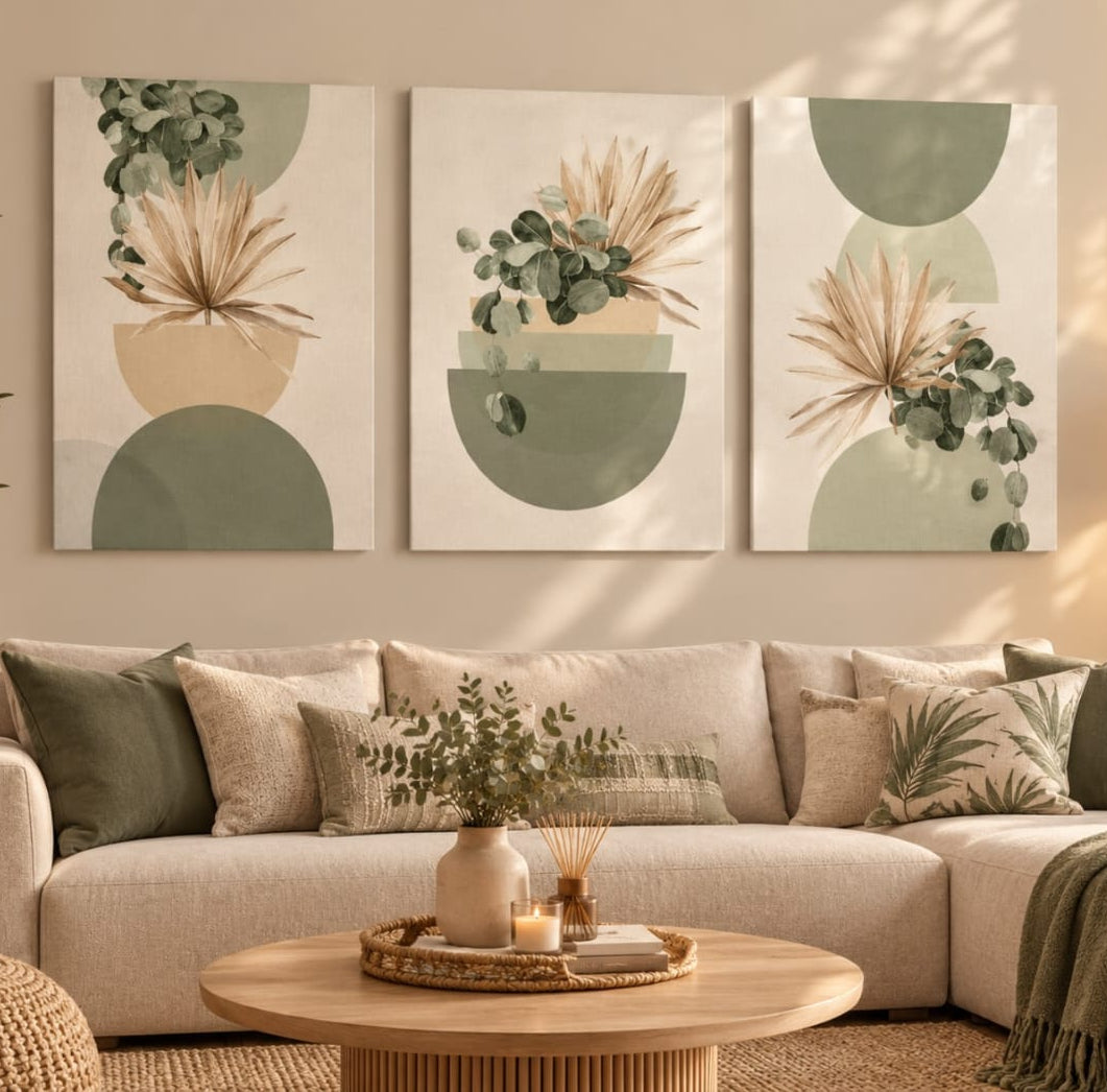 Set de 3 Tableaux Décoratifs aux tons vert sauge, beige et ocre