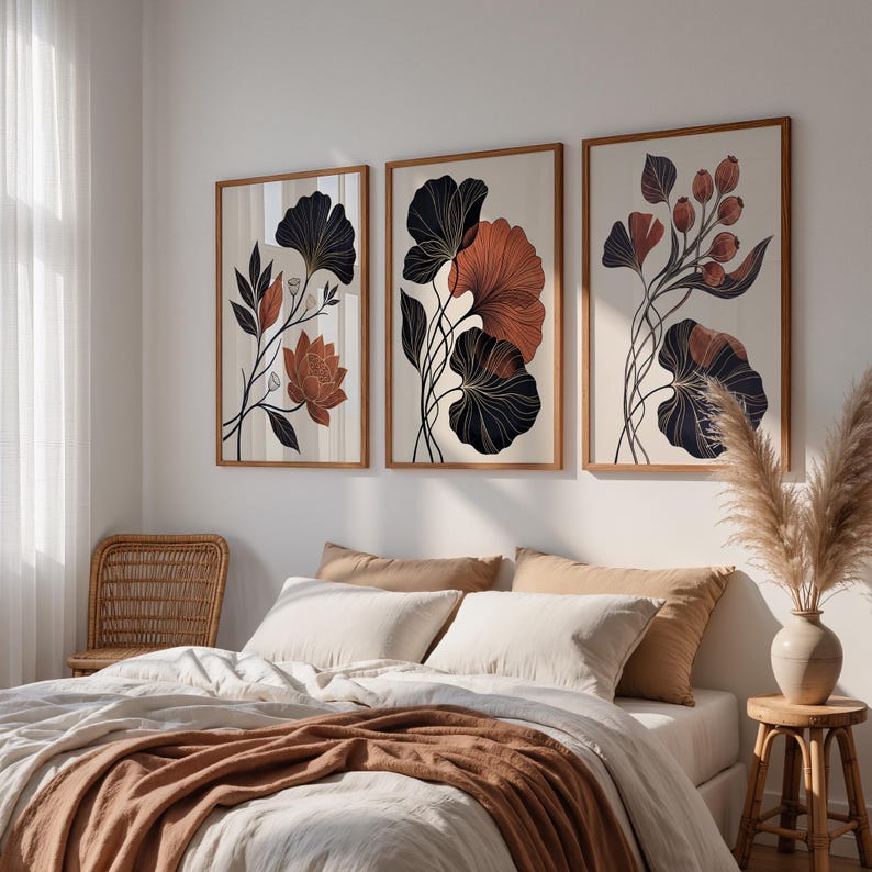 Set de 3 Tableaux Décoratifs dans des tons terracotta, noir et beige