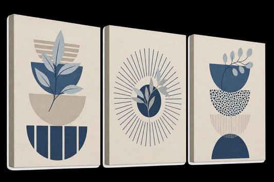 Set de 3TableauxDécoratifs de style bohème moderne (boho) aux motifs géométriques et botaniques en tons bleu marine, beige et écru