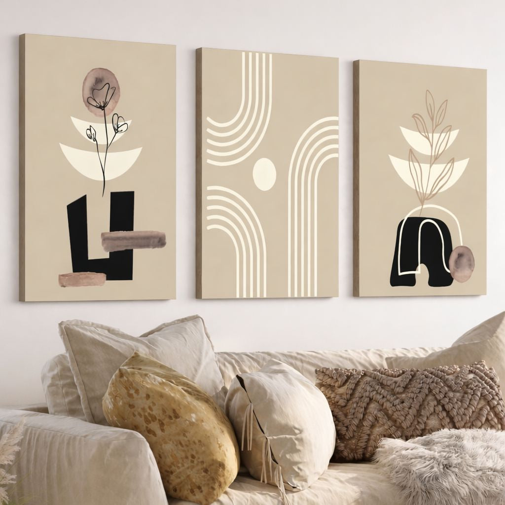 Set de 3 Tableaux Décoratifs au style mid-century moderne, bohème et abstrait, aux tons beige, blanc cassé et noir