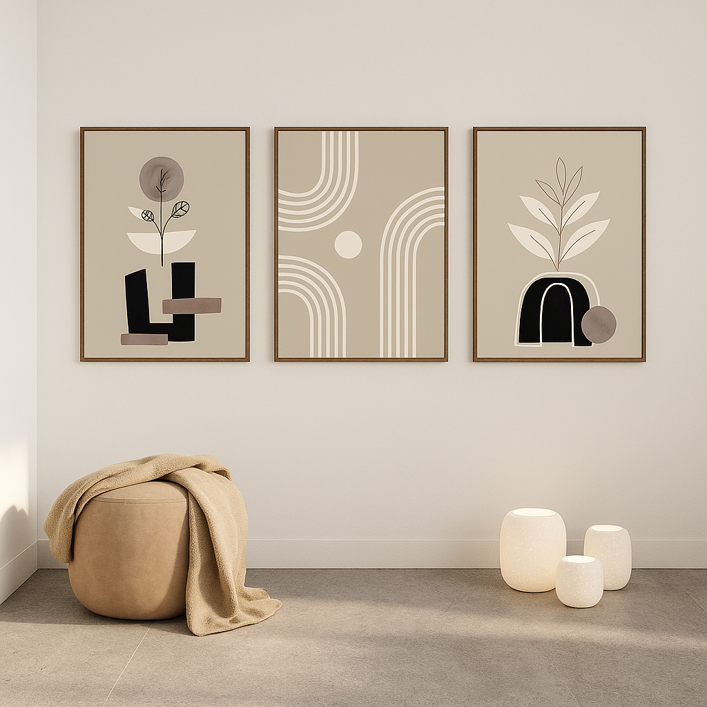 Ensemble de 3 Tableaux Murales Mid-Century Moderne Noir et Beige