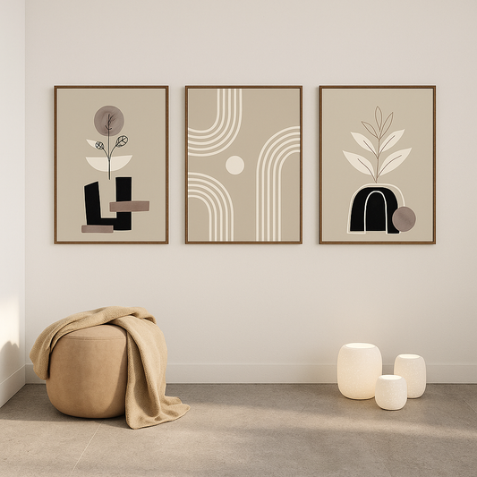 Ensemble de 3 Tableaux Murales Mid-Century Moderne Noir et Beige