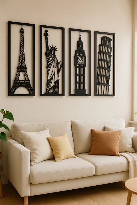 Décoration murale en bois représentant des monuments du monde entier