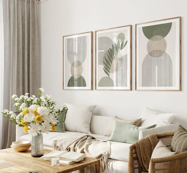 Ensemble de 3 Tableaux Décoration Murale Vert Sauge