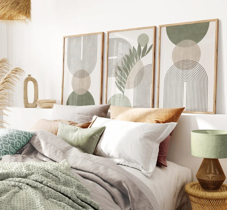 Ensemble de 3 Tableaux Décoration Murale Vert Sauge