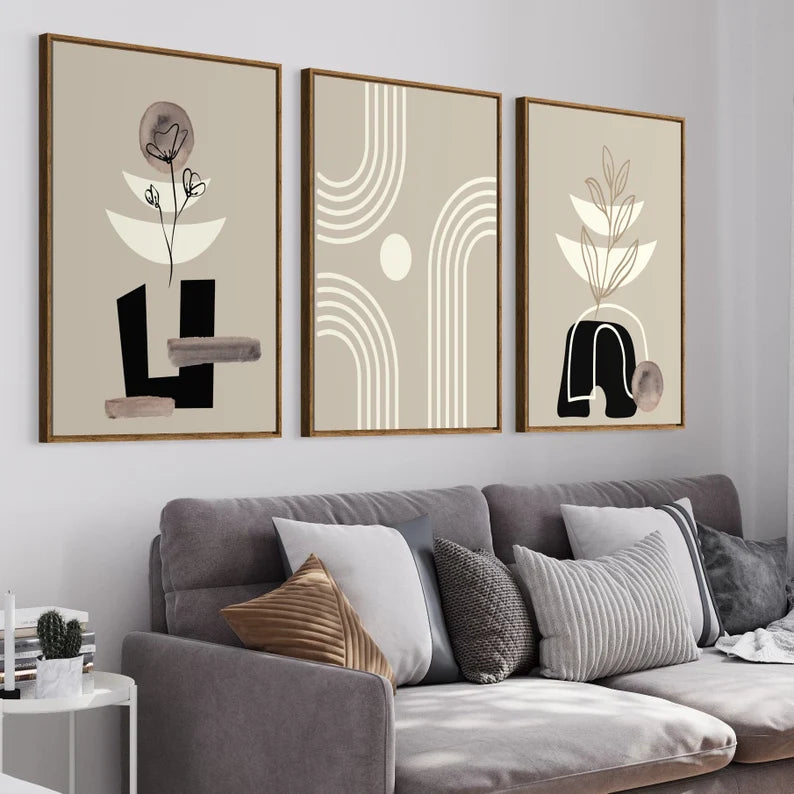 Ensemble de 3 Tableaux Murales Mid-Century Moderne Noir et Beige