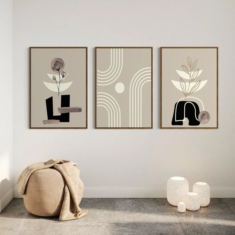 Ensemble de 3 Tableaux Murales Mid-Century Moderne Noir et Beige
