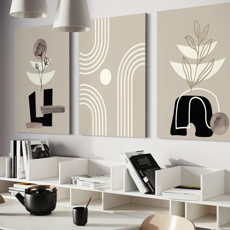 Ensemble de 3 Tableaux Murales Mid-Century Moderne Noir et Beige