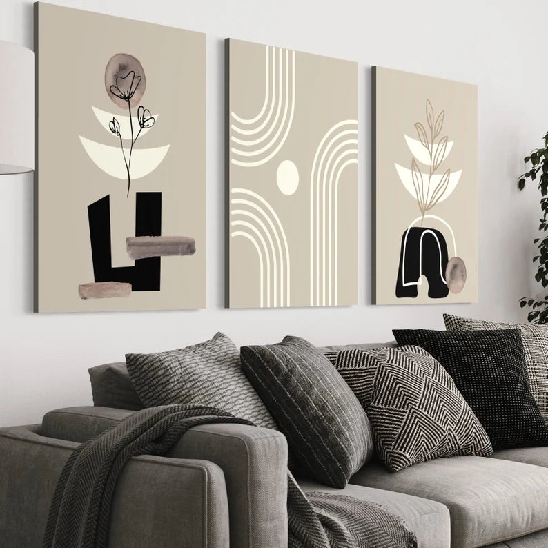 Ensemble de 3 Tableaux Murales Mid-Century Moderne Noir et Beige