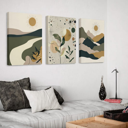 Set de 3 Tableaux Décoratifs bohème/nordique aux tons vert sauge, beige et ocre