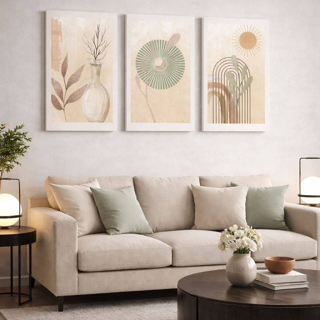Set de 3 Tableaux Décoratifs bohème chic, minimaliste et abstrait aux tons neutres, beige et vert sauge