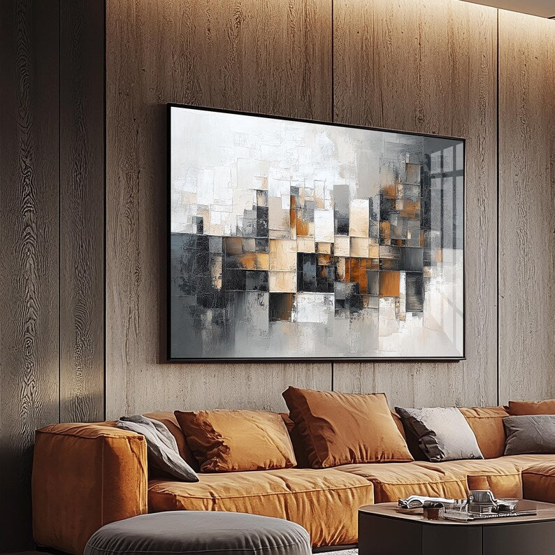 Tableau Abstrait Beige Or Noir neutre                             Tableau décoratif moderne